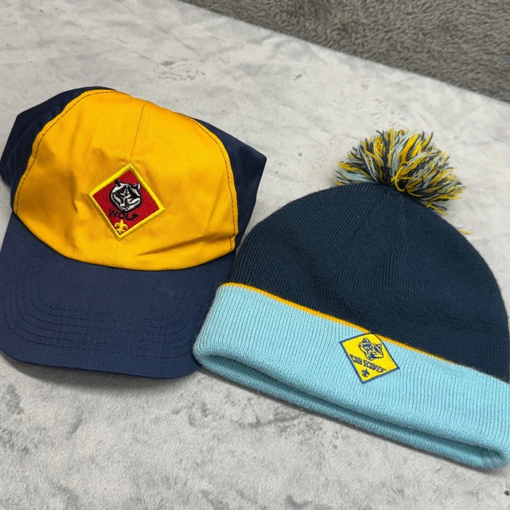 Scouts Wolf Cub‎ Scout Baseball Cap and Beanie Hat Set Kids S M Navy Yellow Blue